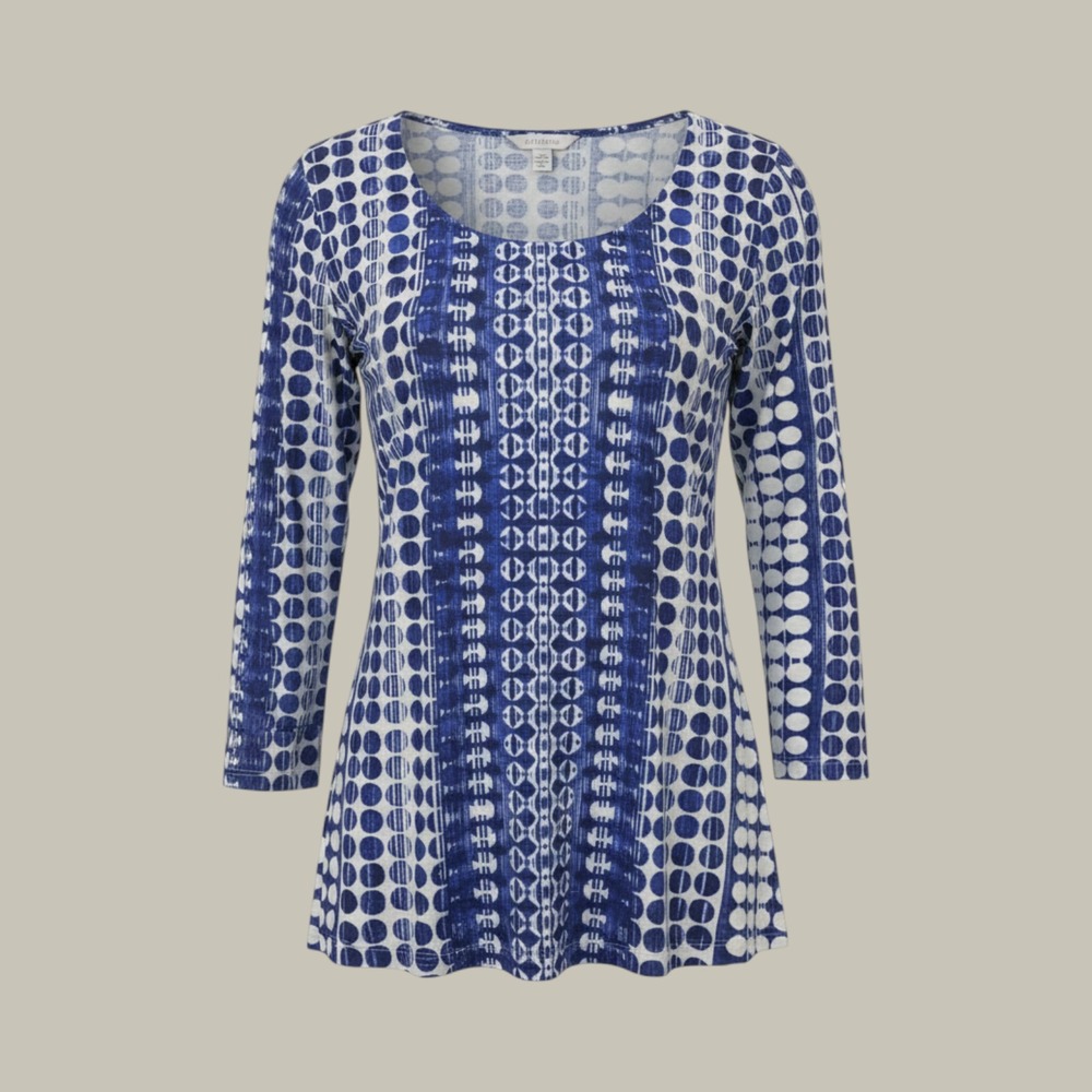 Chico's 3/4 Sleeve Top 3(16) Blue White Modern Mediterranean Costal Resortwear